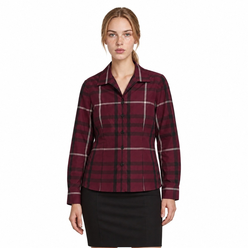 Jones New York Plaid 100% Silk Blouse Womens Size 10 Burgundy Button Long Sleeve